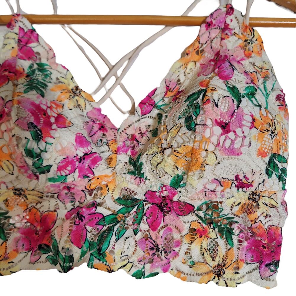 VICTORIA'S SECRET Pink Bralette Bright Floral Lace Size Medium M - Picture 6 of 10